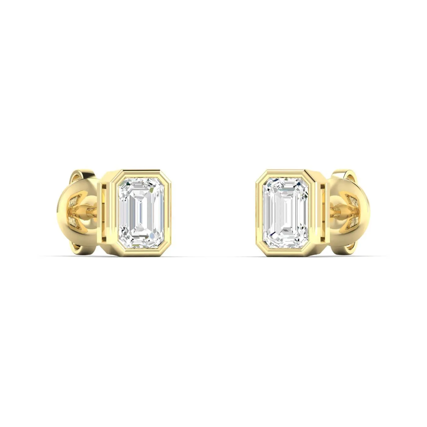 14K & 18K Gold Emerald Cut Bezel Set Diamond Stud Earrings