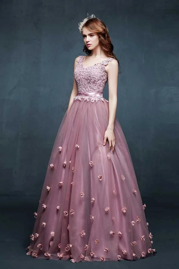 A Line Floor Length Scoop Neck Sleeveless Lace Up Appliques Beading Prom Dresses