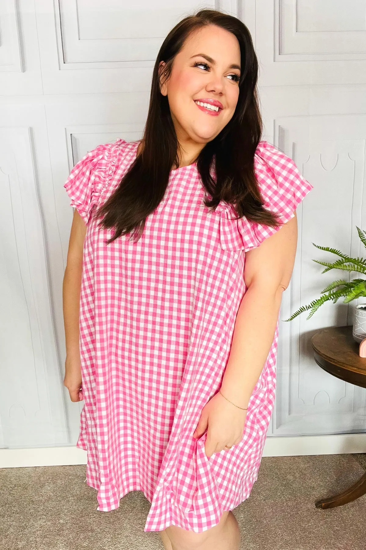 A True Beauty Pink Gingham Check Ruffle Sleeve Dress