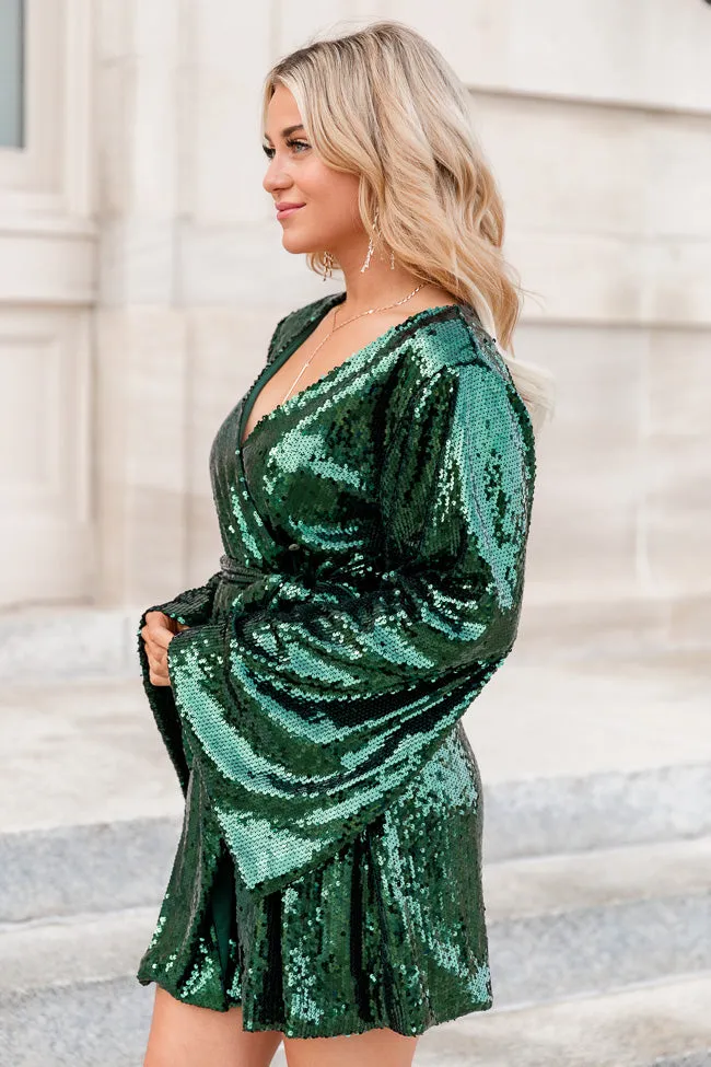 All For You Green Long Sleeve Wrap Sequin Dress