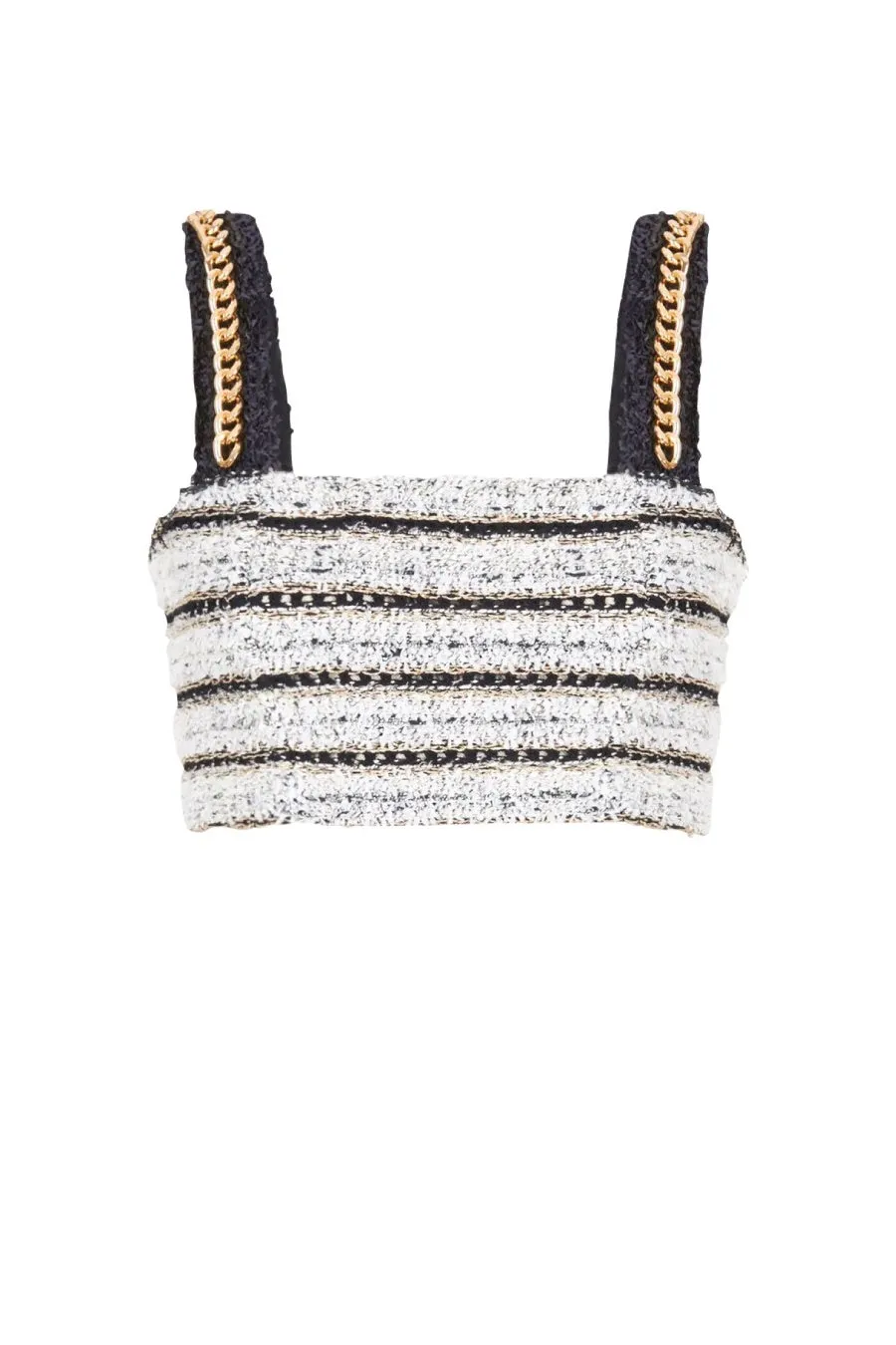 Balmain Chain Strap Tweed Bra Top - Black/ White/ Gold