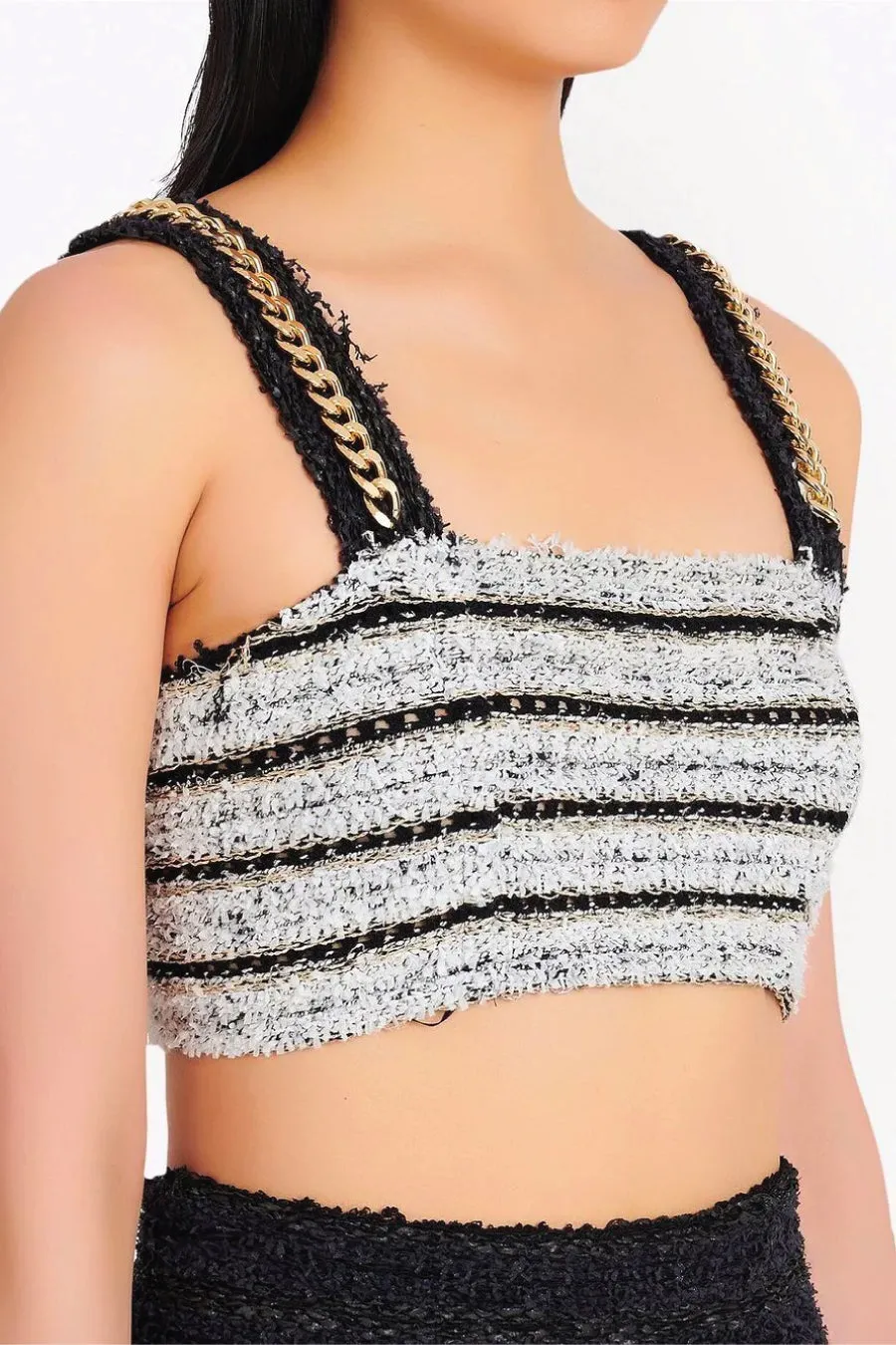 Balmain Chain Strap Tweed Bra Top - Black/ White/ Gold