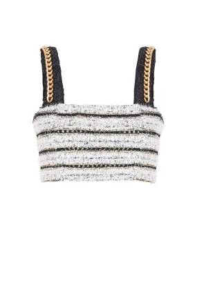 Balmain Chain Strap Tweed Bra Top - Black/ White/ Gold