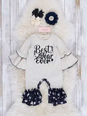 Black & White "Best Year Ever" Bell Sleeve Ruffle Romper