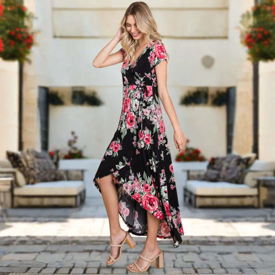 Black Floral Mock-Wrap Dress S-L