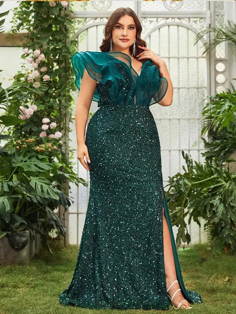 Black Plus Size V Neck Organza Sparkling Evening Gown