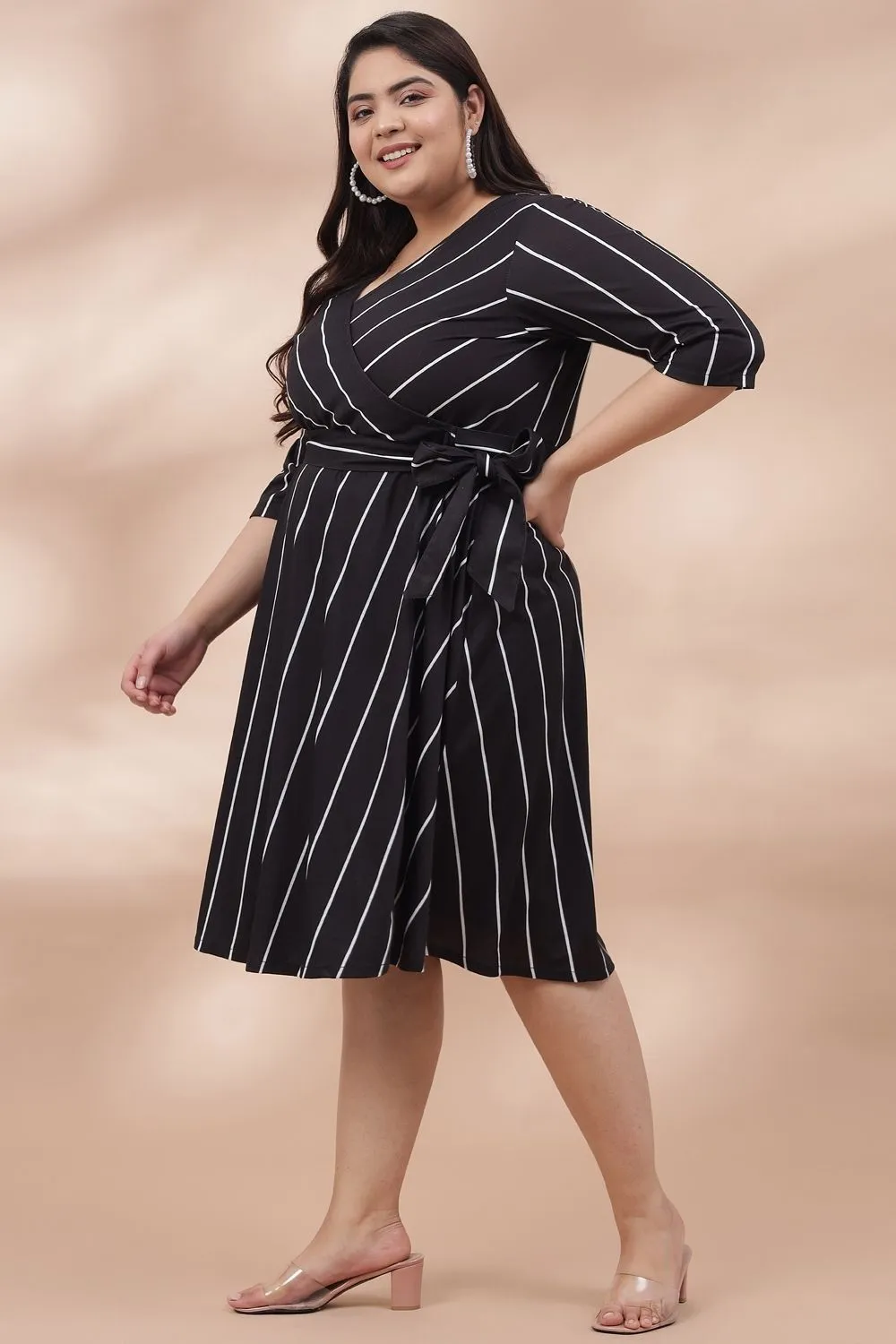 Black White Stripe True Wrap Midi Dress