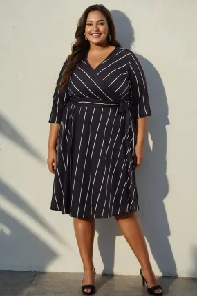 Black White Stripe True Wrap Midi Dress