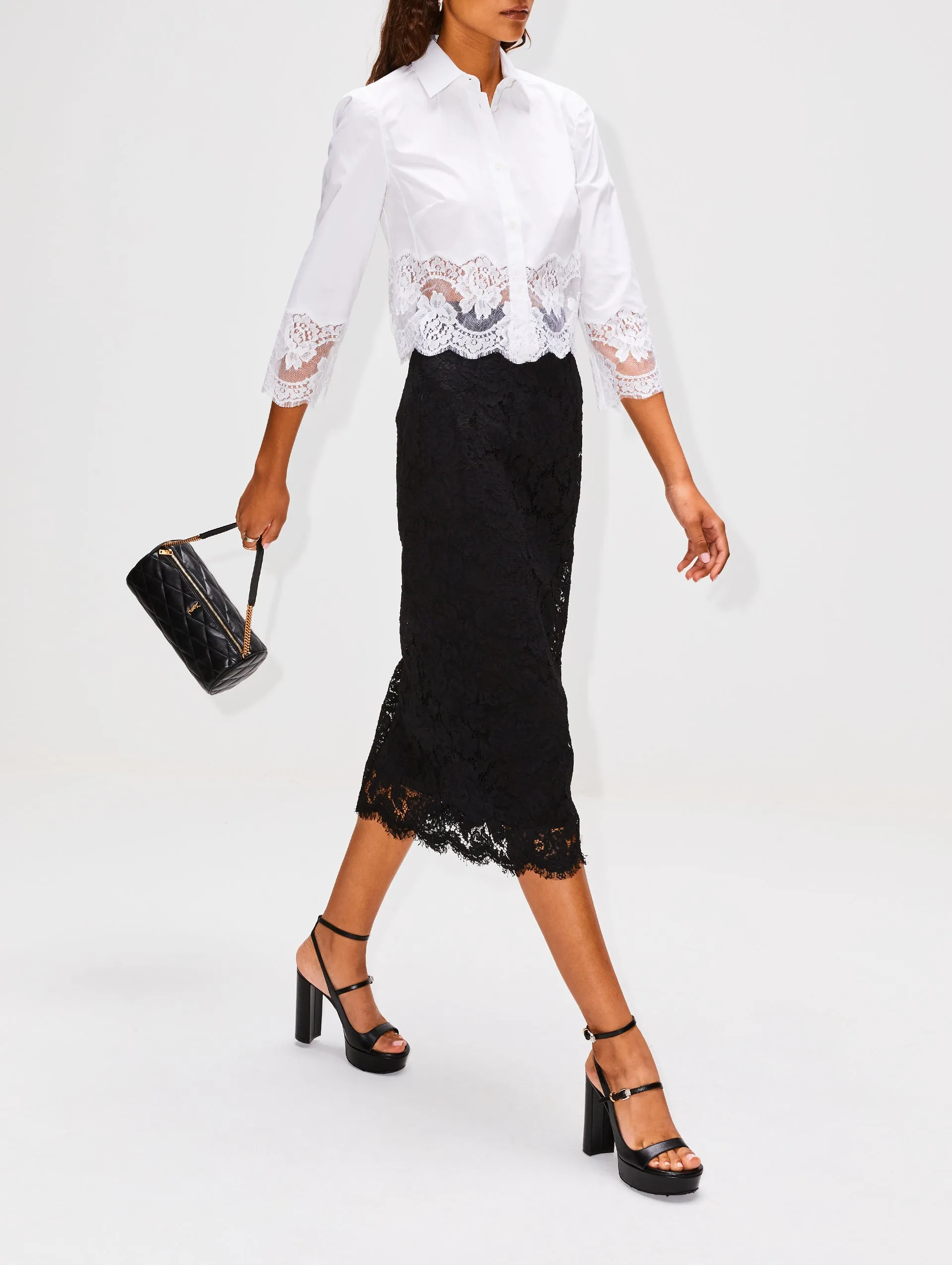 Branded Stretch Lace Midi Skirt