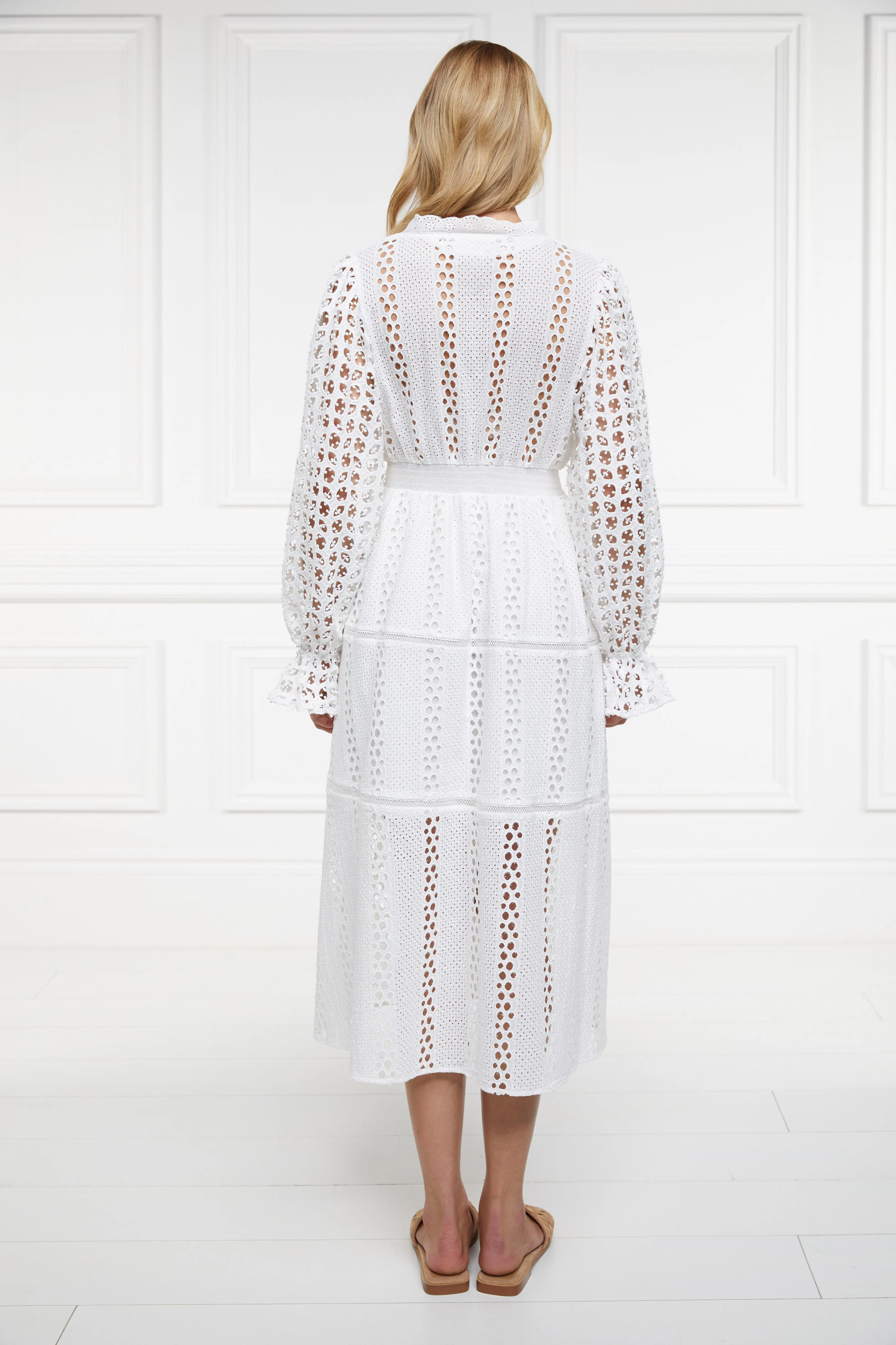 Broderie Lace V-Neck Midi Dress (White)