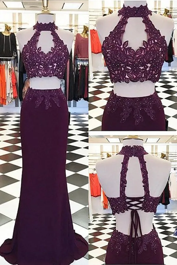 Burgundy Two Piece Sheath Sweep Train Halter Open Back Appliques Prom Dresses