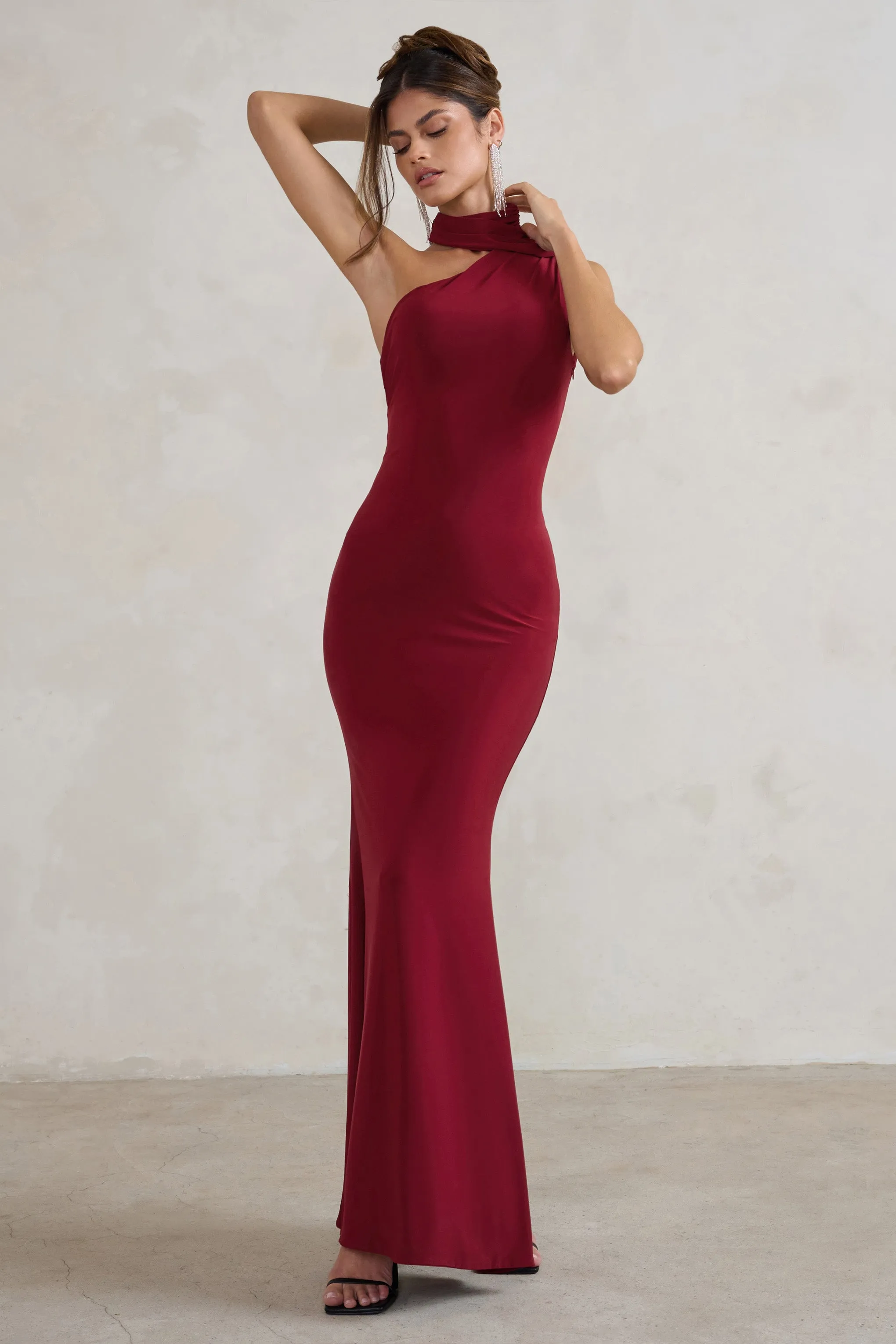 Capucine | Berry Red One Shoulder Draped Maxi Dress