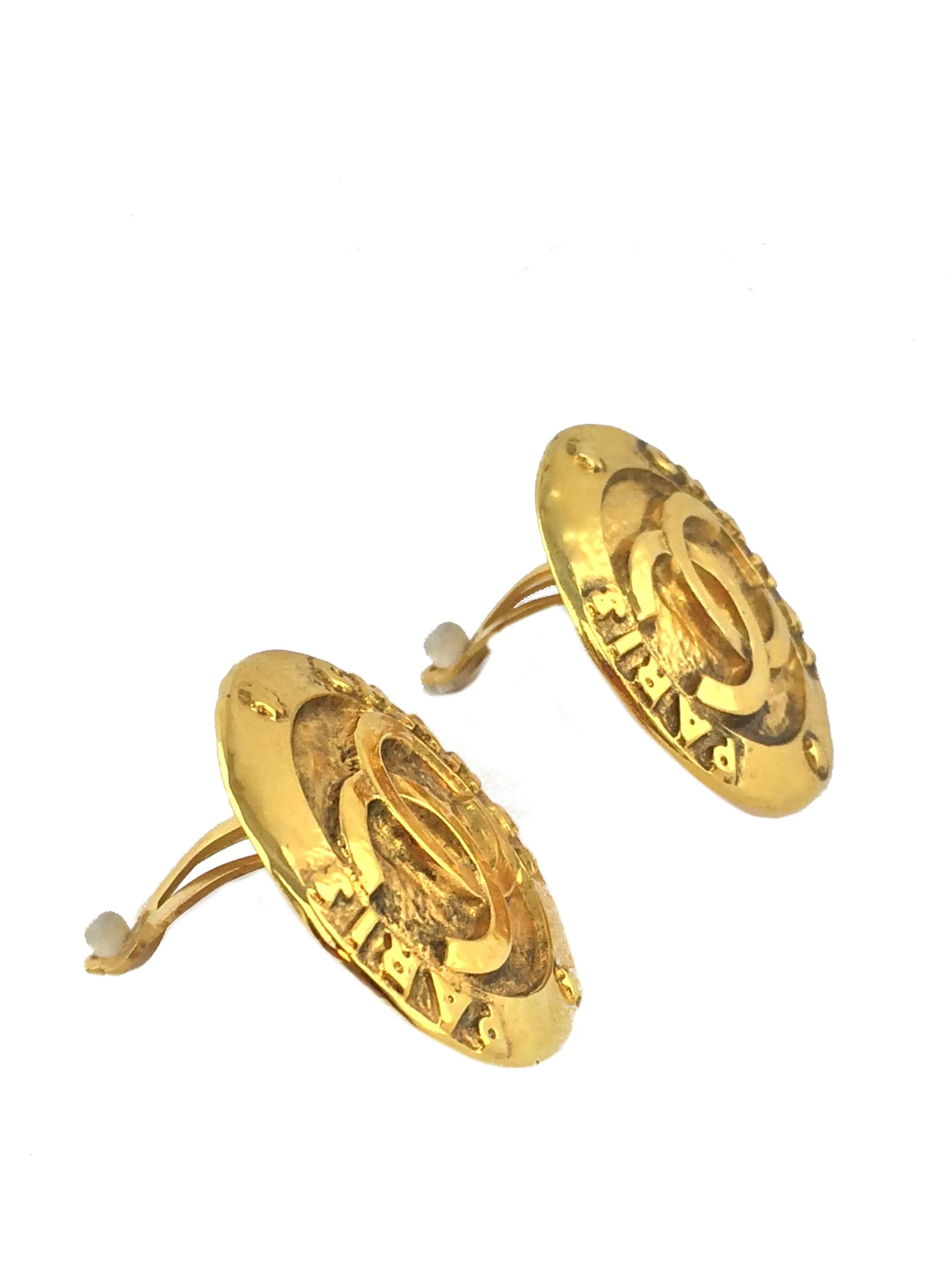 Chanel Vintage Gold CC Disc Clip-On Earrings