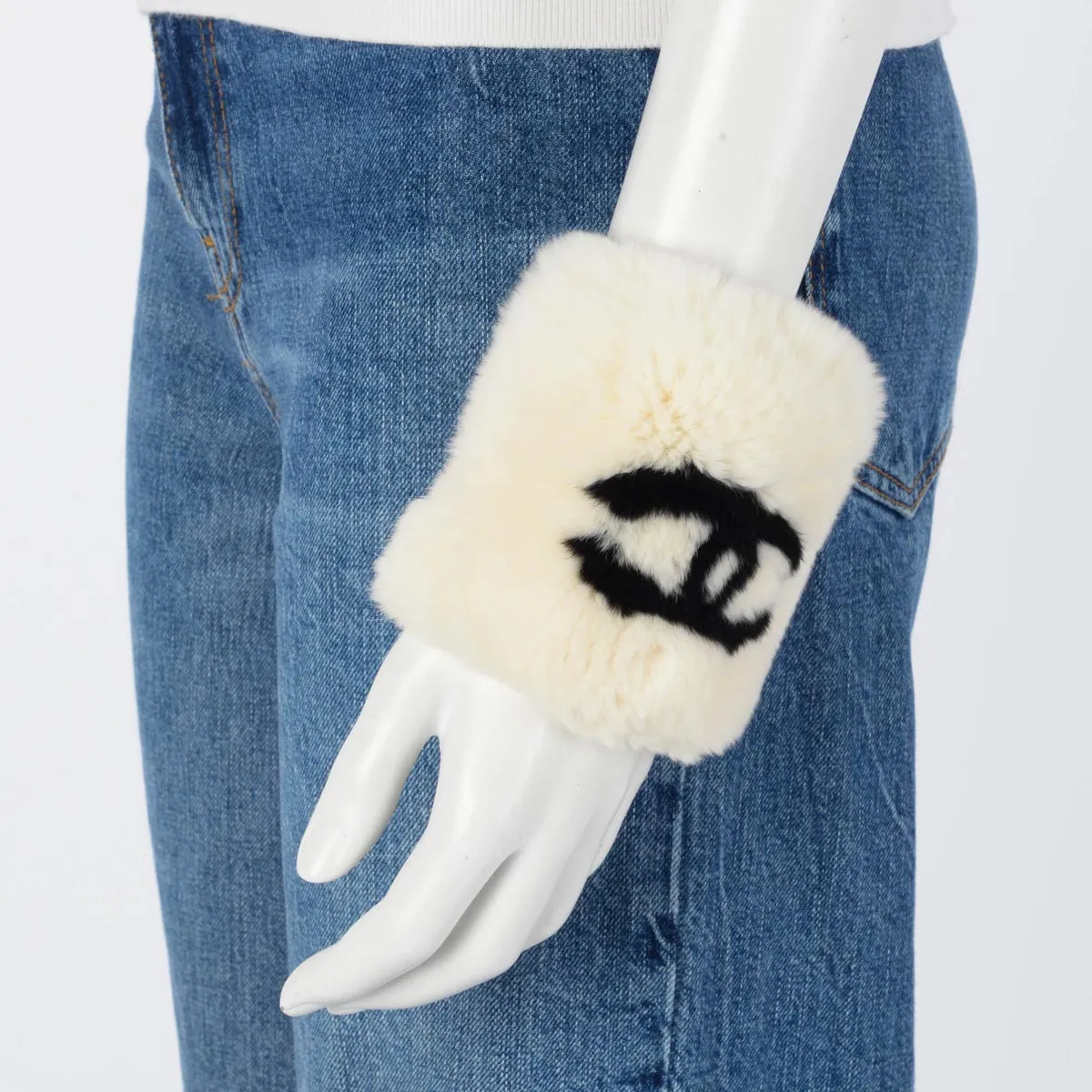 Chanel White Rabbit Fur CC Cuff Bracelet