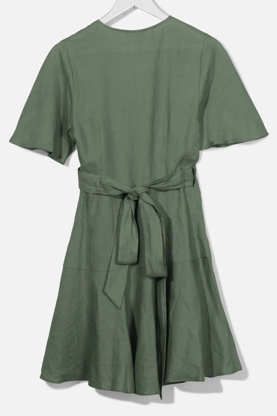 Confidence Pine Flutter Sleeve Linen Wrap Dress