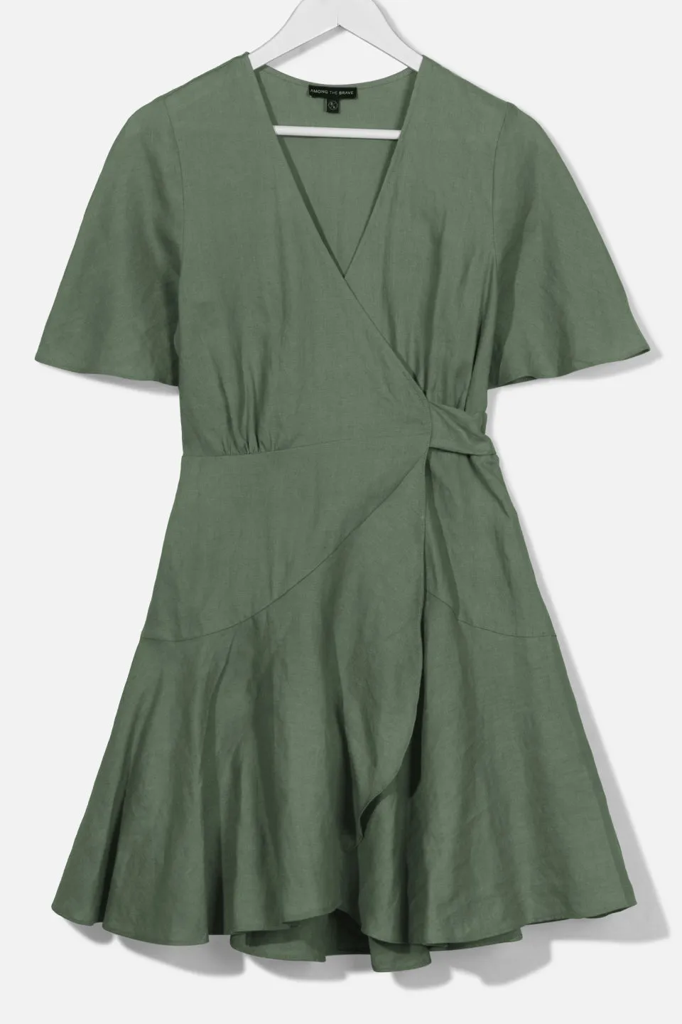 Confidence Pine Flutter Sleeve Linen Wrap Dress