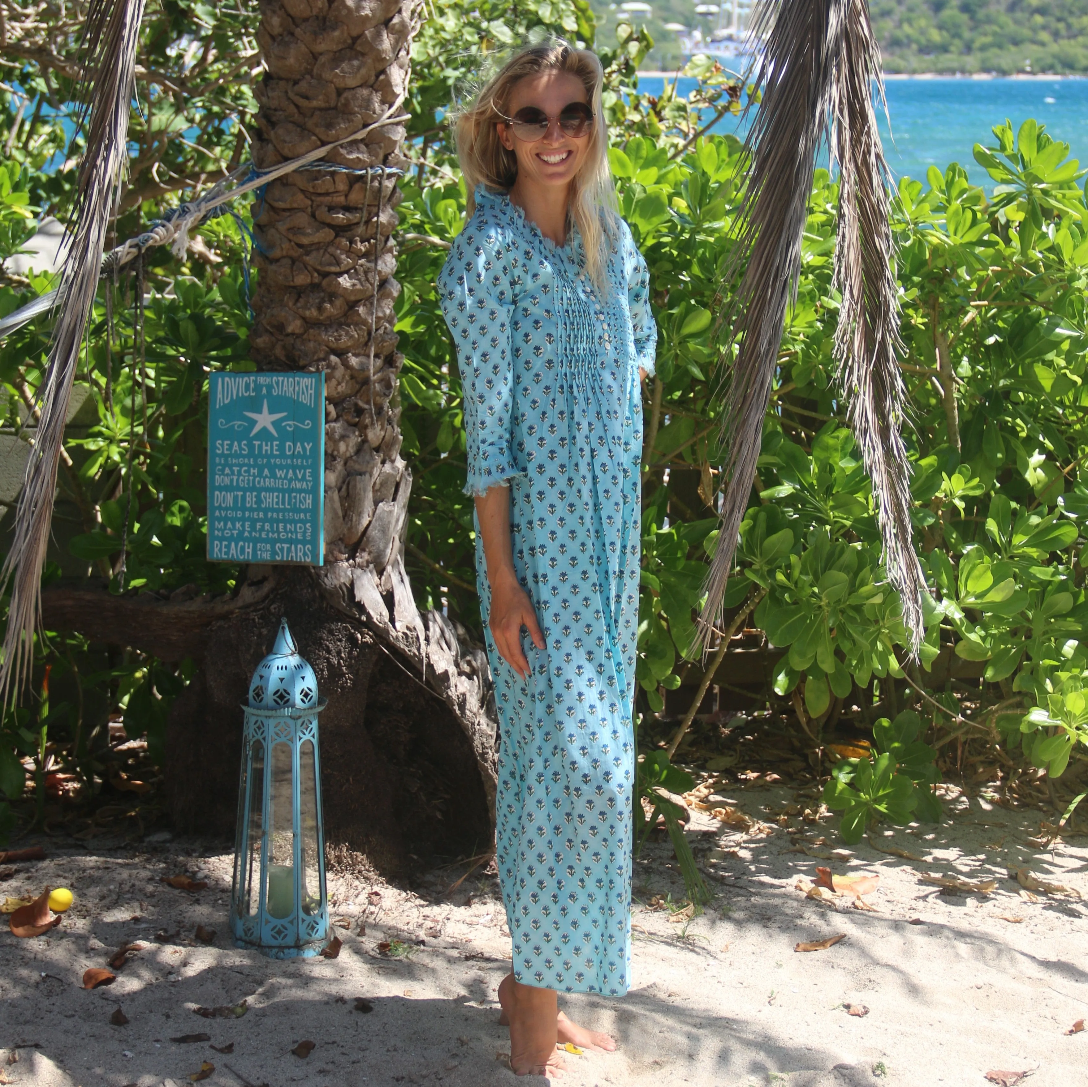 Cotton Annabel Maxi Dress in Blue with Navy Ditsy Flower