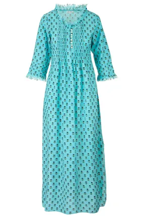 Cotton Annabel Maxi Dress in Blue with Navy Ditsy Flower