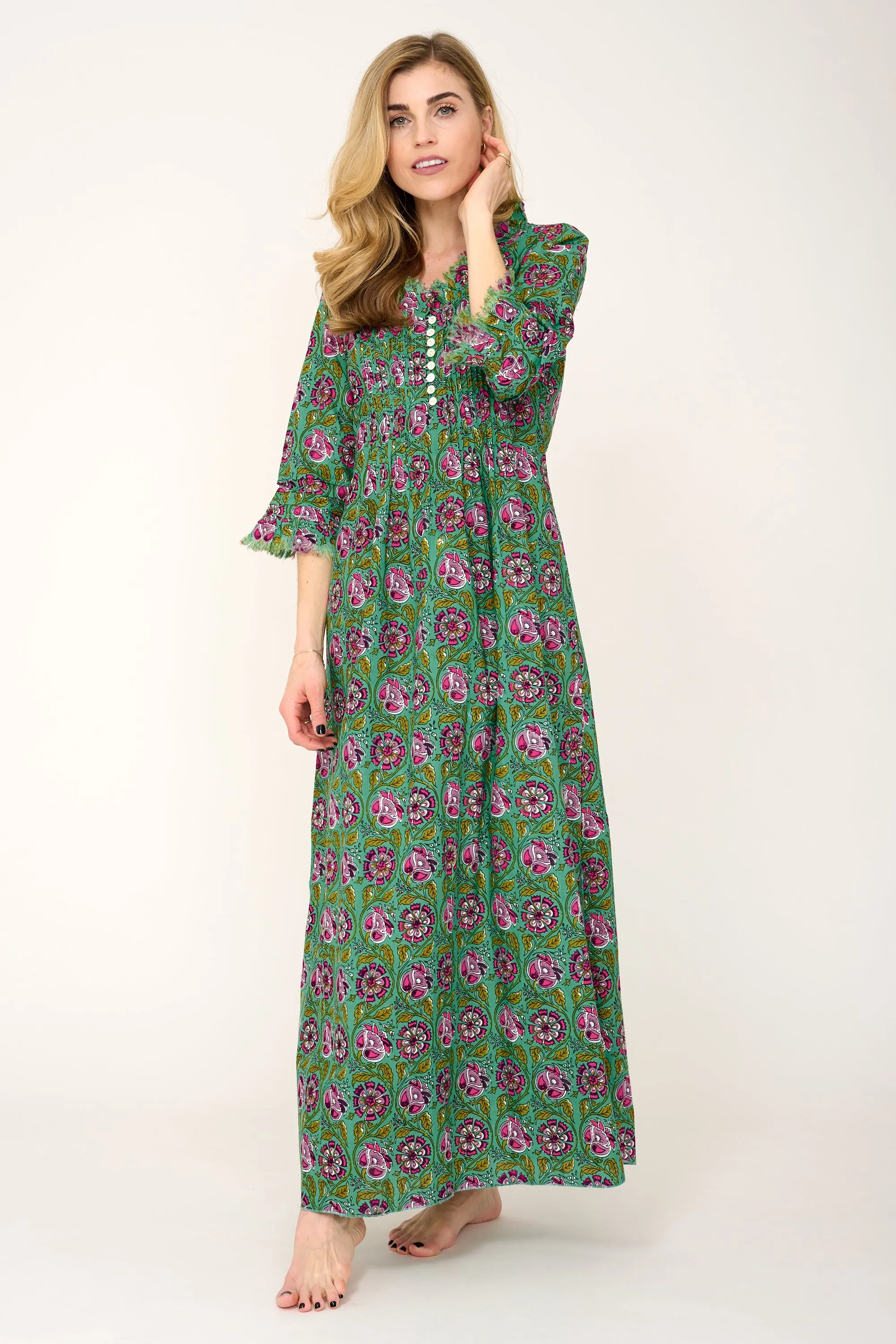 Cotton Annabel Maxi Dress in Green & Pink Flower