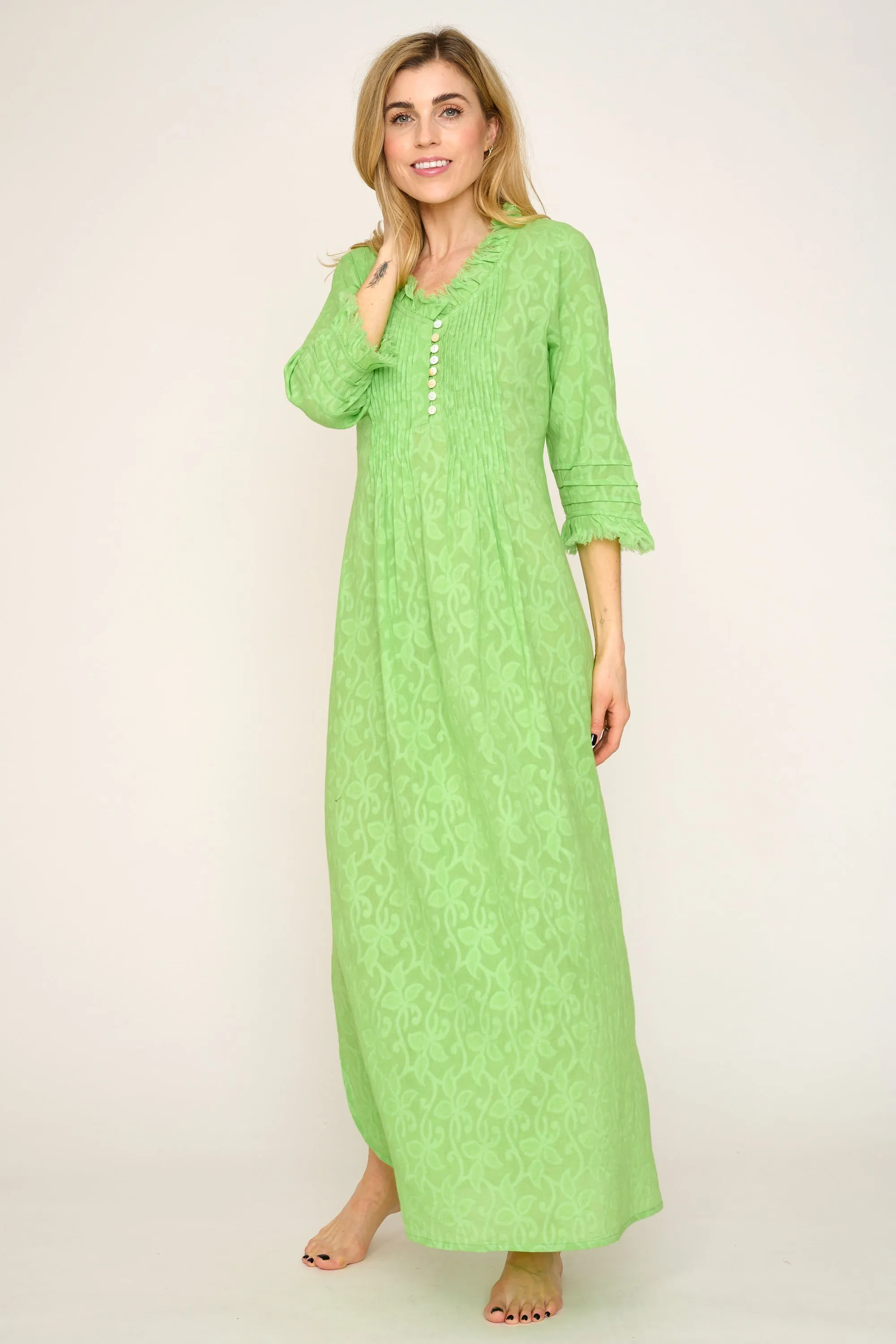 Cotton Annabel Maxi Dress in Hand Woven Lime Green