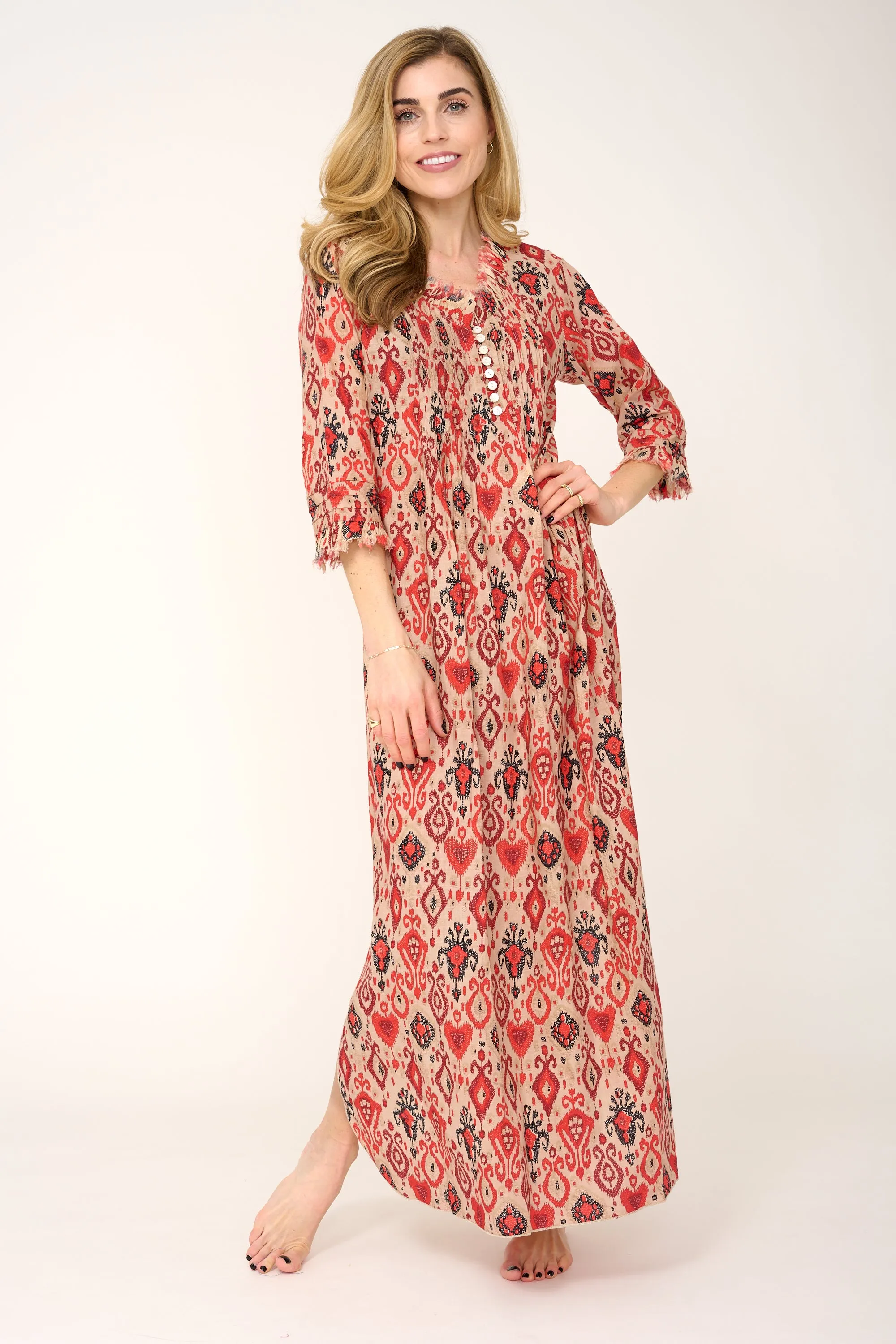 Cotton Annabel Maxi Dress in Latte Ikat