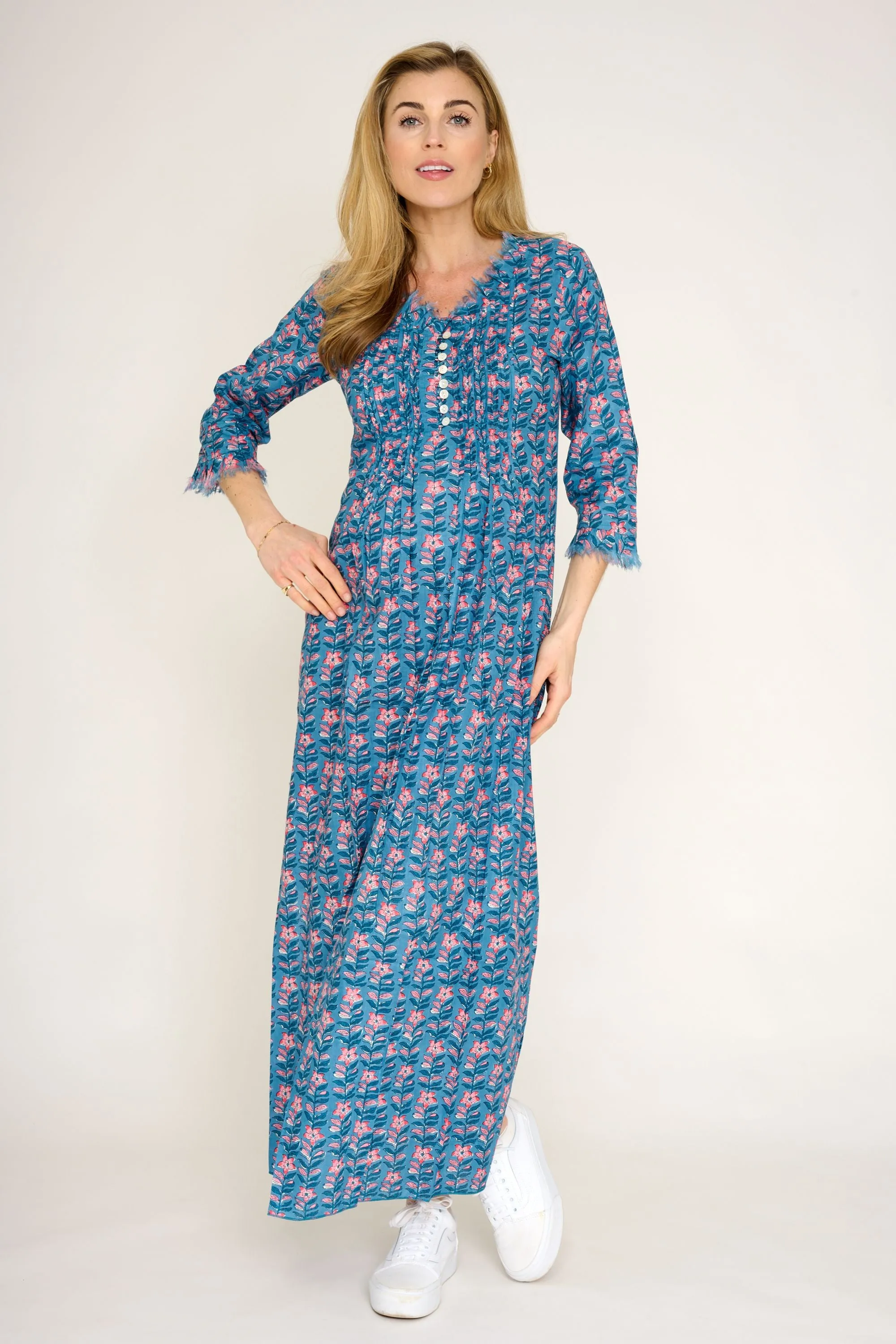 Cotton Annabel Maxi Dress in Muted Blue with Pink Flower