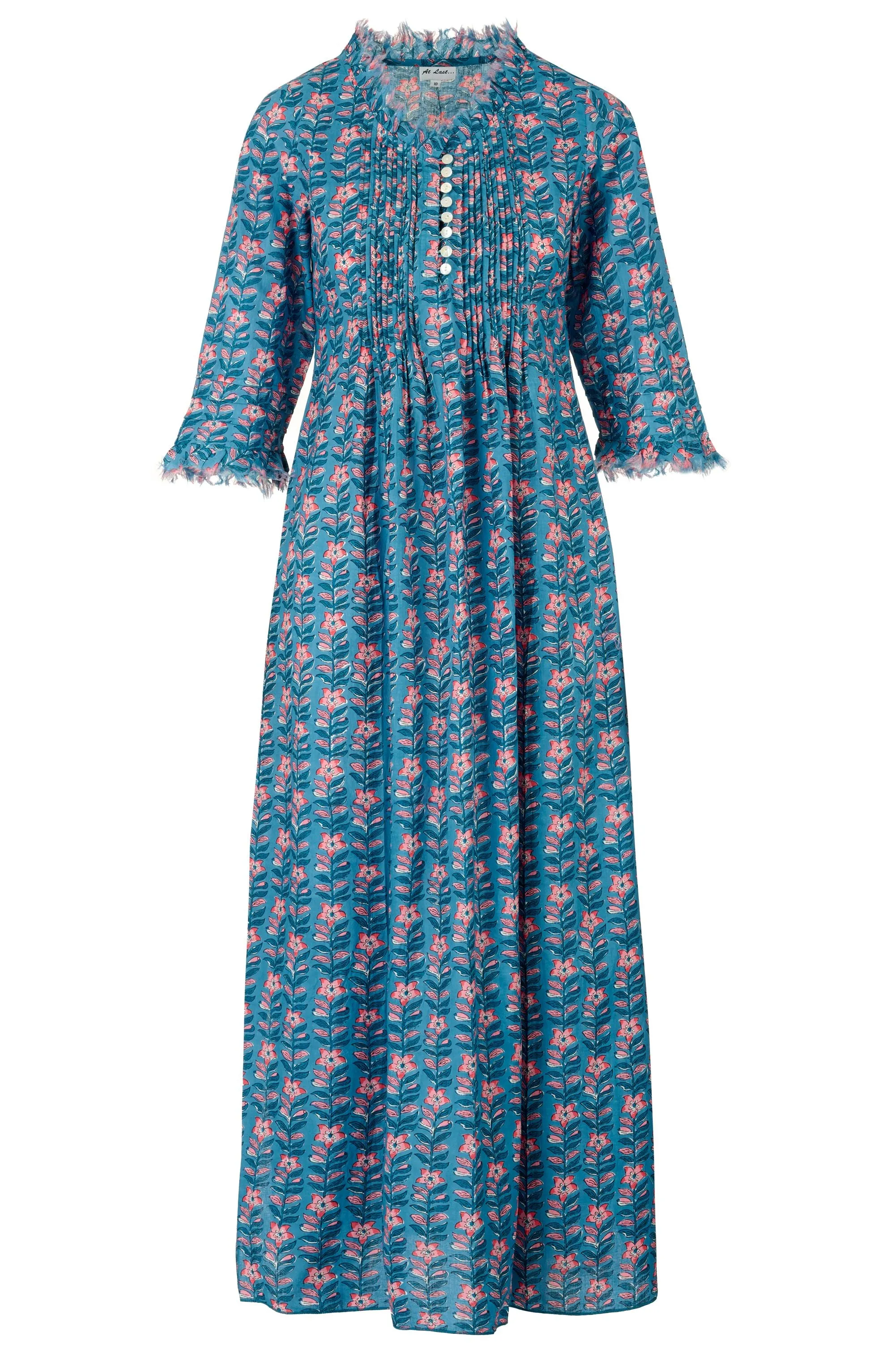 Cotton Annabel Maxi Dress in Muted Blue with Pink Flower