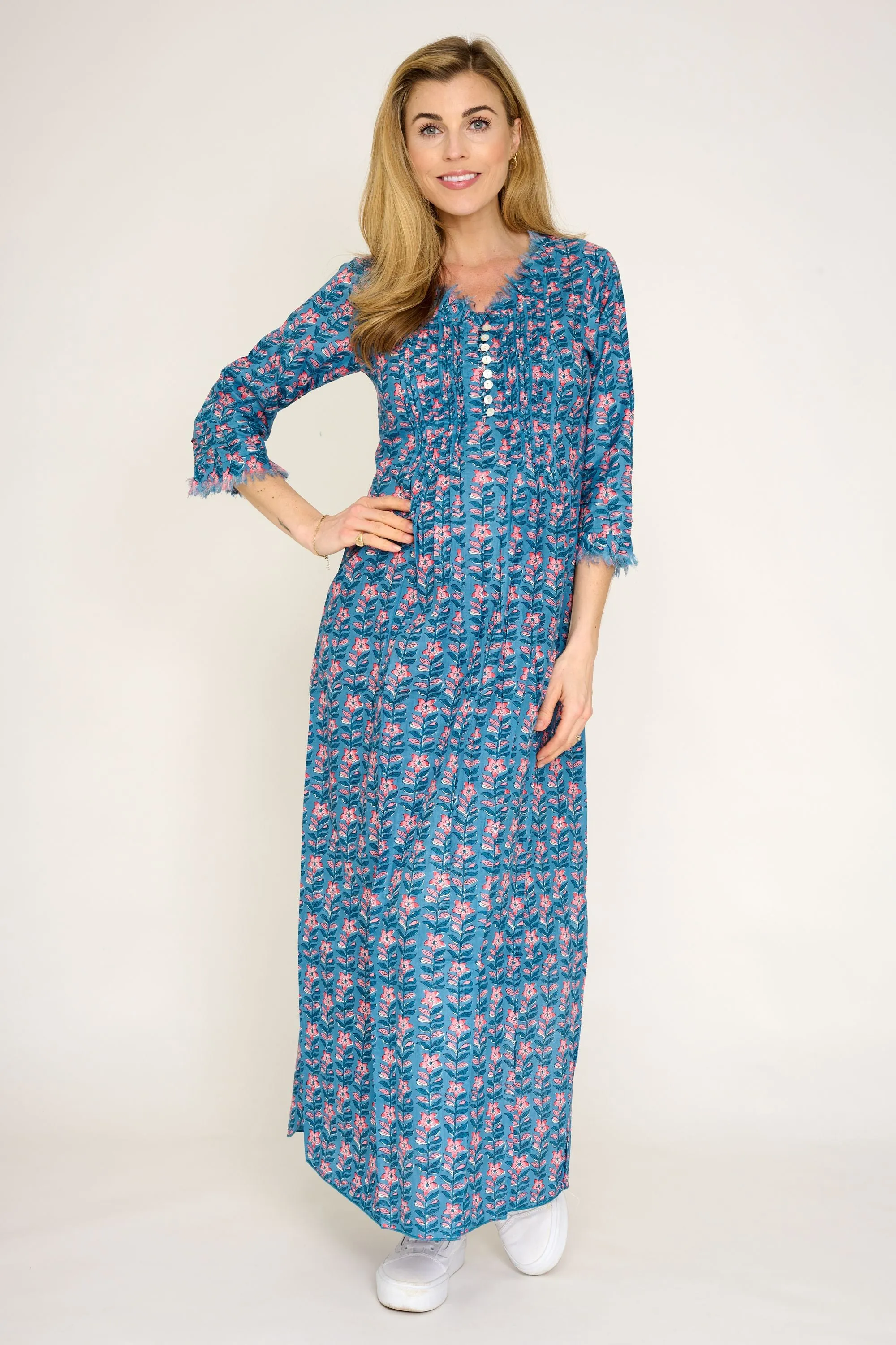 Cotton Annabel Maxi Dress in Muted Blue with Pink Flower