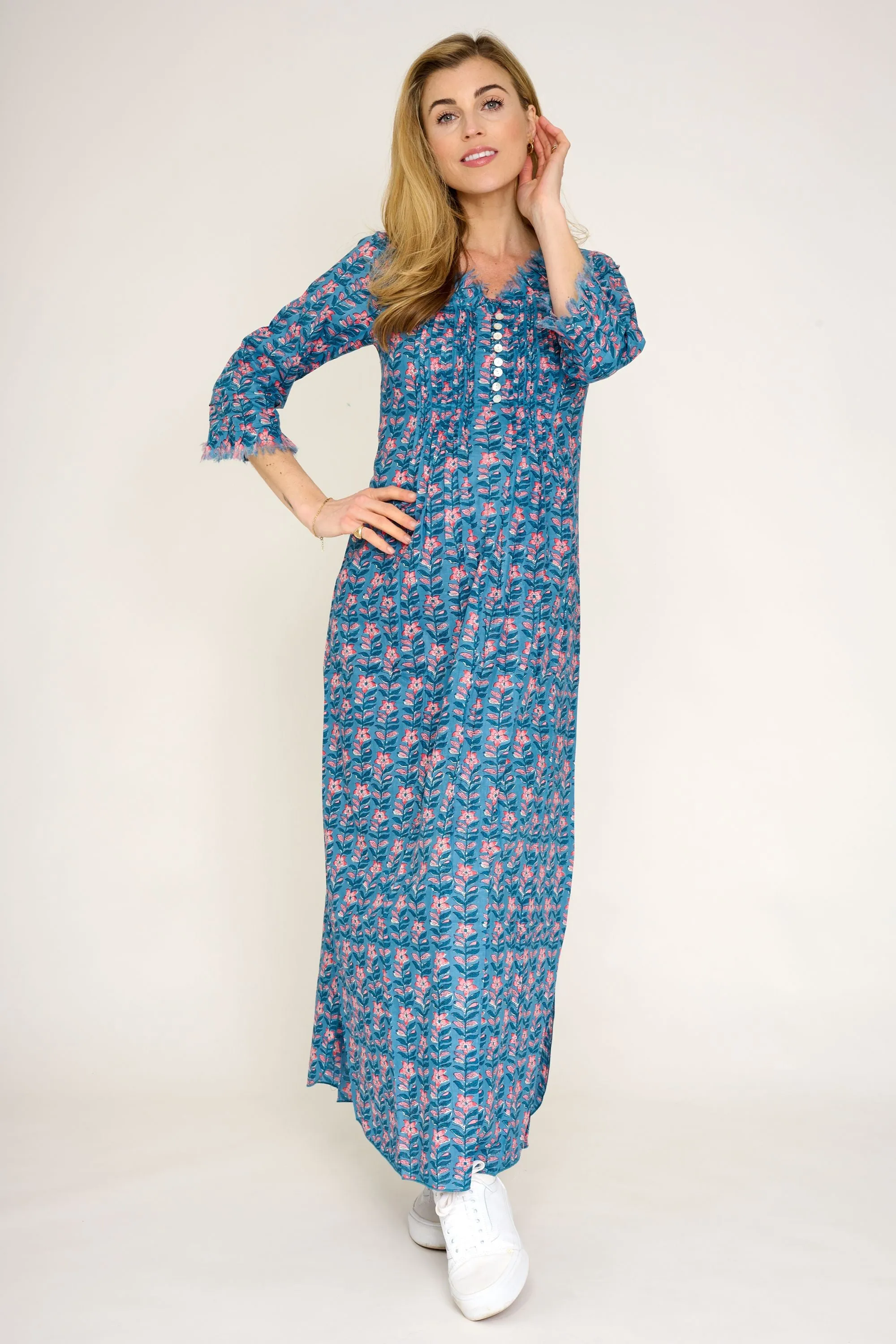 Cotton Annabel Maxi Dress in Muted Blue with Pink Flower