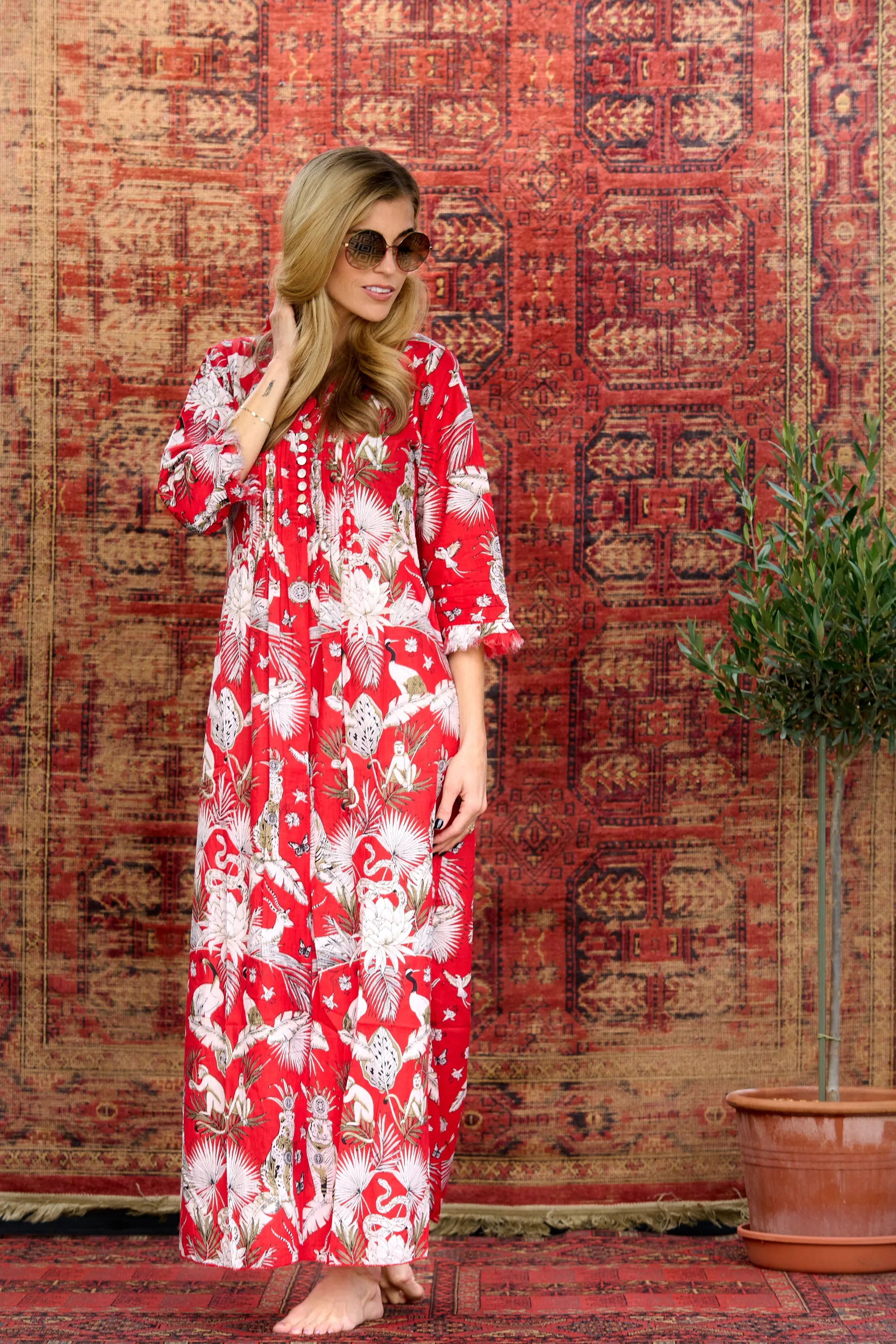 Cotton Annabel Maxi Dress in Red Tropical