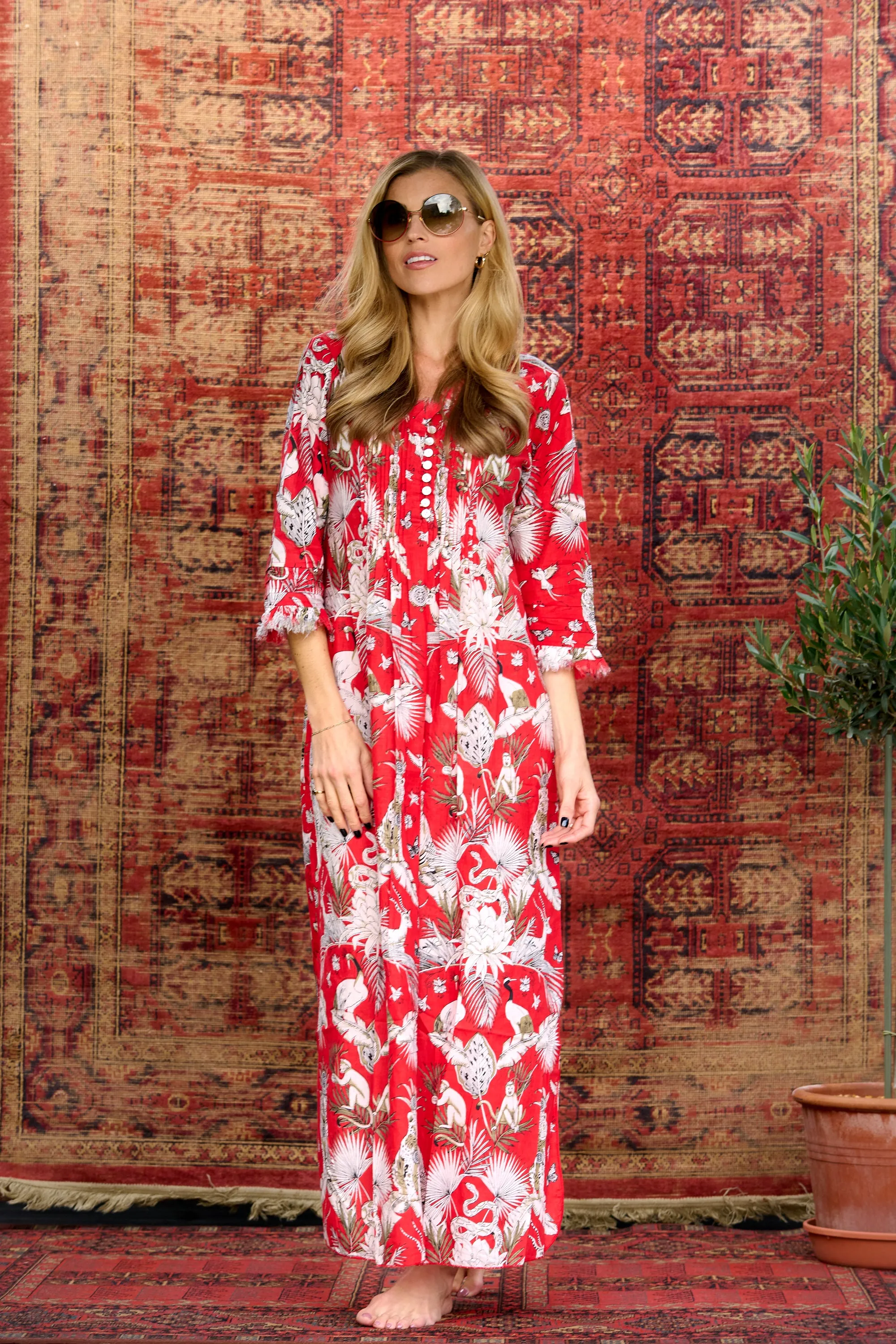 Cotton Annabel Maxi Dress in Red Tropical