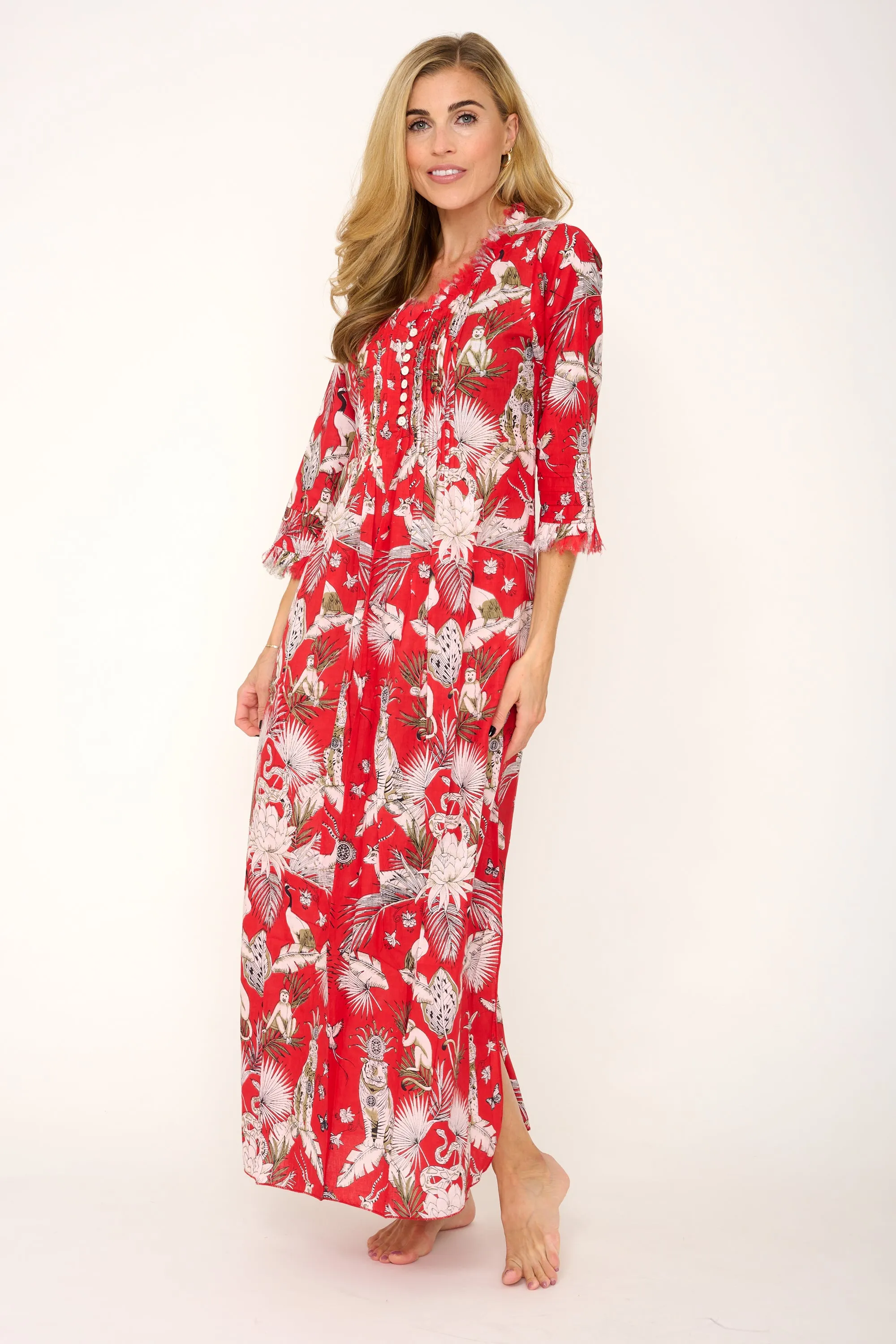 Cotton Annabel Maxi Dress in Red Tropical