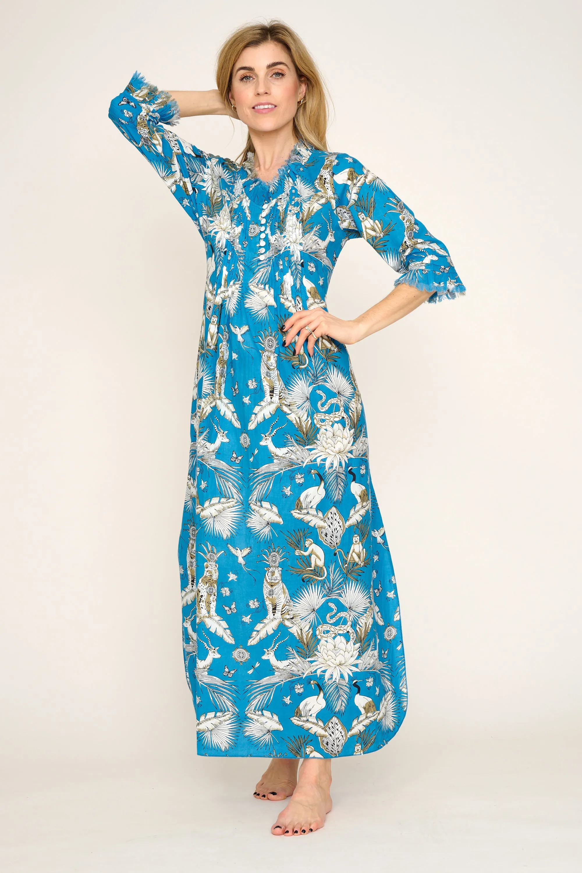 Cotton Annabel Maxi Dress in Sky Blue Tropical