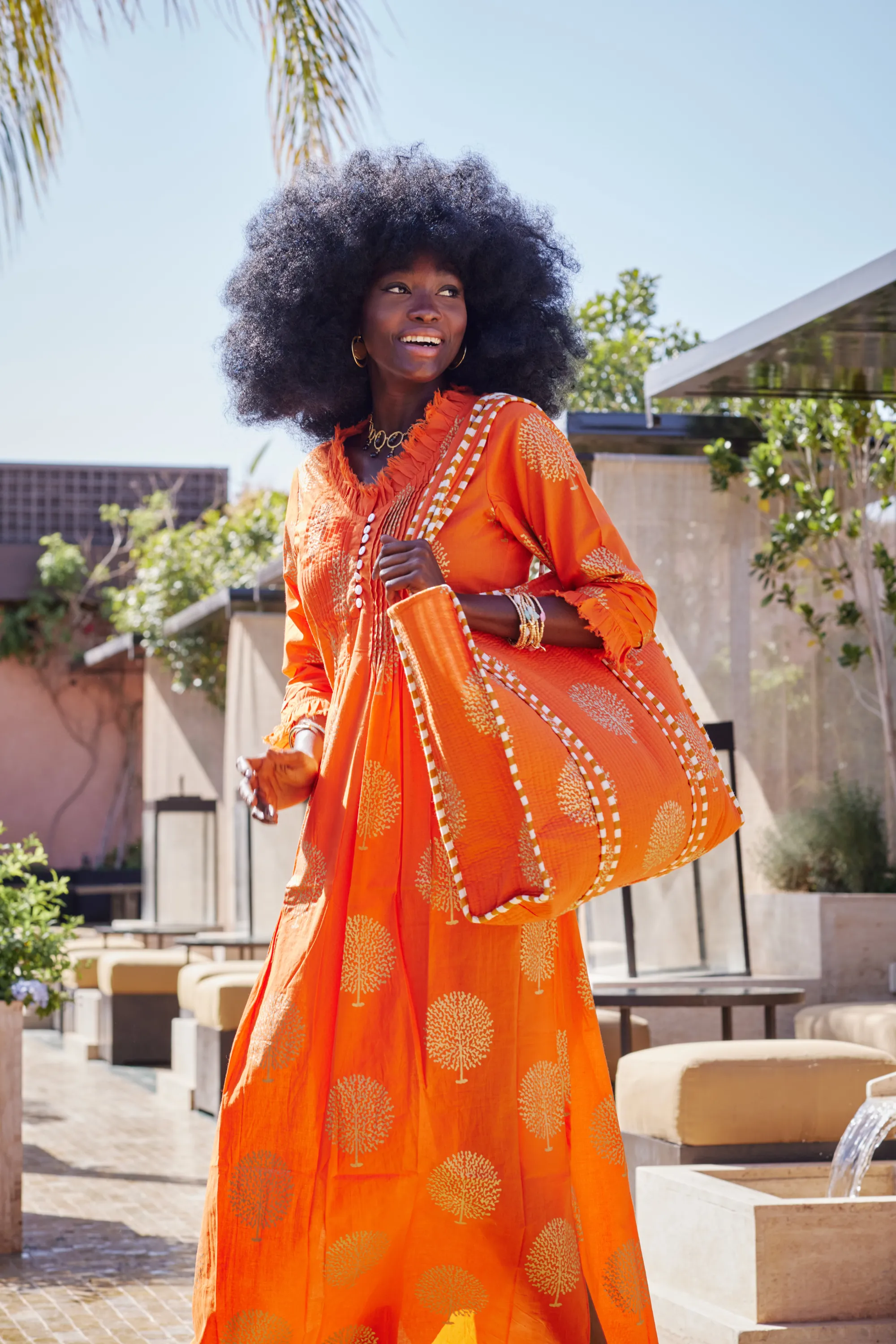 Cotton Annabel Maxi Dress in Tangerine & Gold