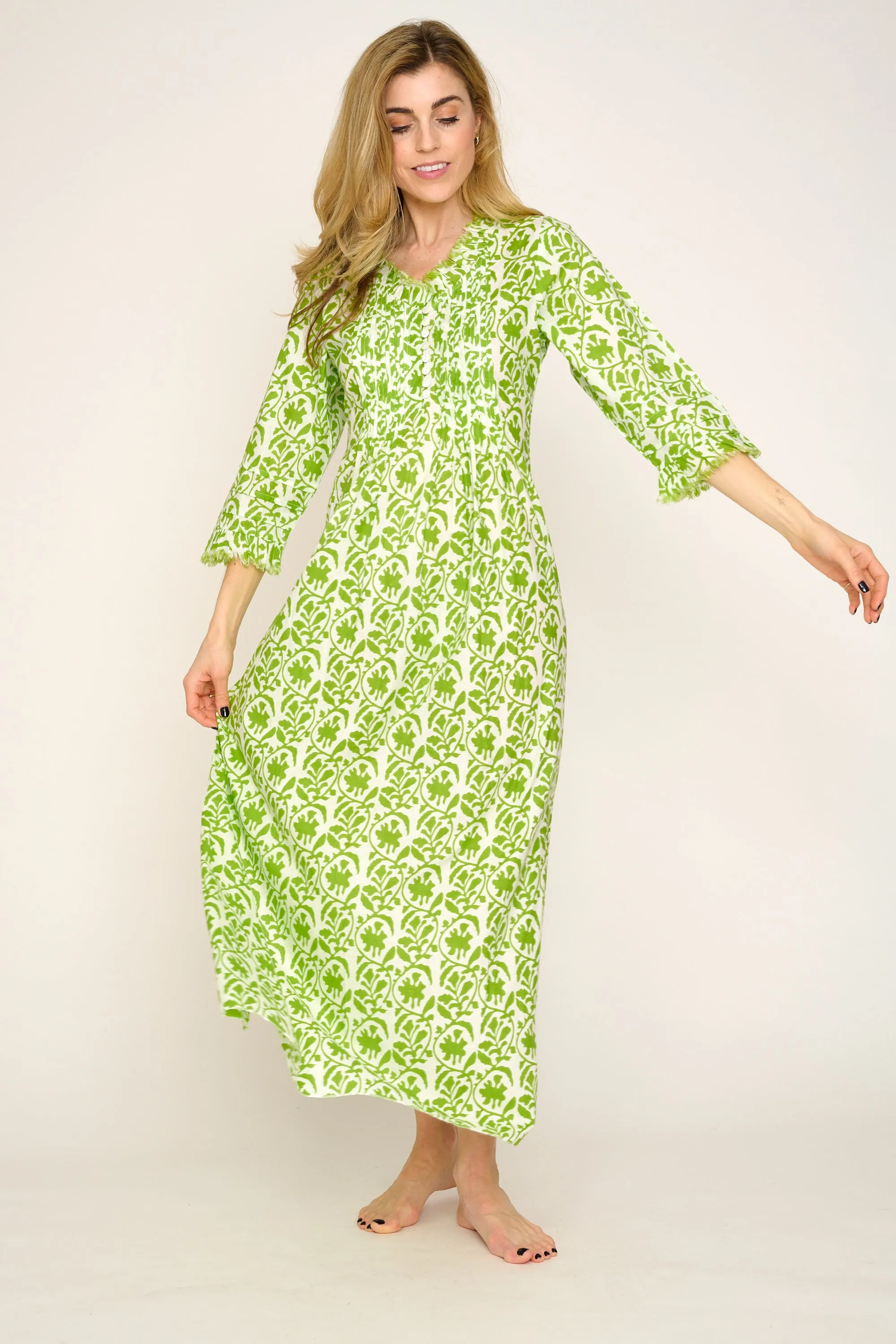 Cotton Annabel Maxi Dress in White with Fresh Lime Trellis