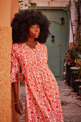 Cotton Annabel Maxi Dress in White With Orange Trellis