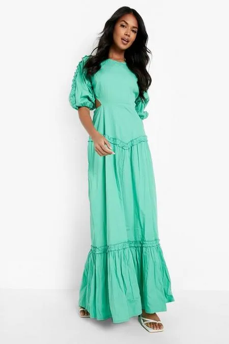 Cotton Tiered Puff Sleeve Maxi Dress in Green