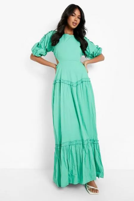 Cotton Tiered Puff Sleeve Maxi Dress in Green