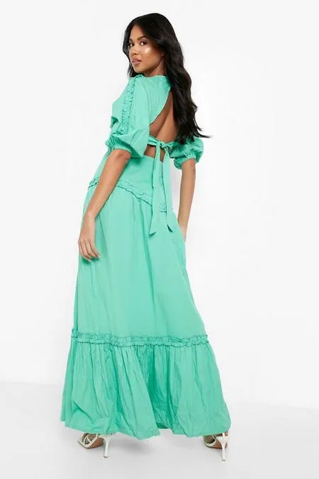 Cotton Tiered Puff Sleeve Maxi Dress in Green