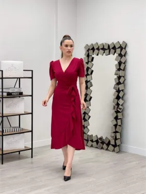 Crep Fabric Midi Dress - Burgundy