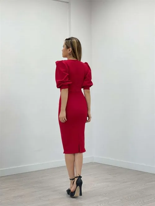 Crepe Fabric Degage Collar Pen Dress - Red