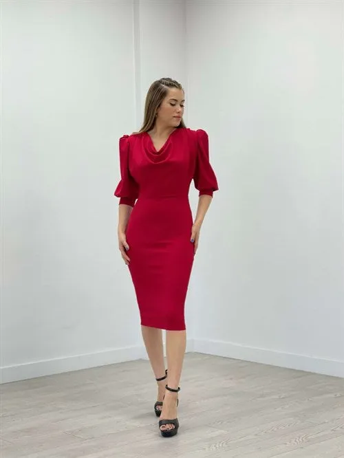 Crepe Fabric Degage Collar Pen Dress - Red