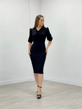 Crepe Fabric Degaje Collar Pen Dress - Black