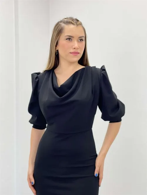 Crepe Fabric Degaje Collar Pen Dress - Black