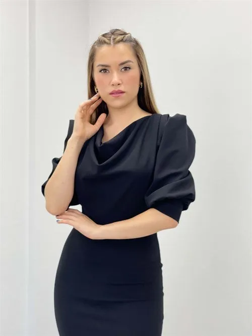 Crepe Fabric Degaje Collar Pen Dress - Black