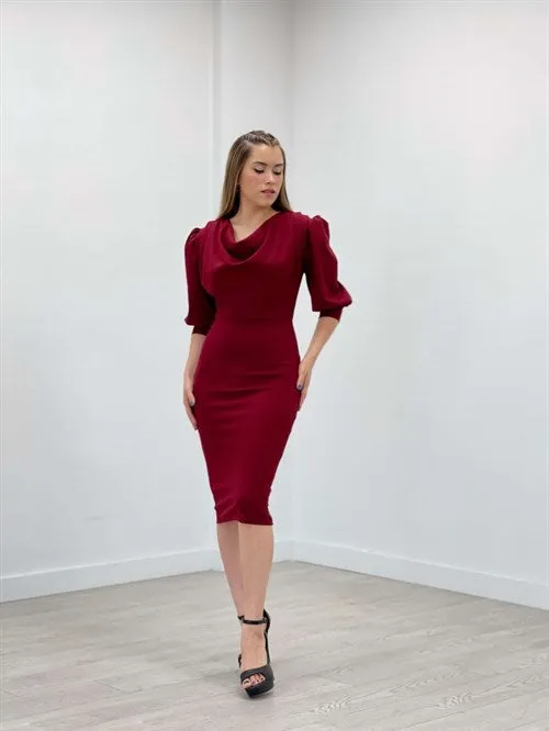 Crepe Fabric Degaje Collar Pen Dress - Burgundy