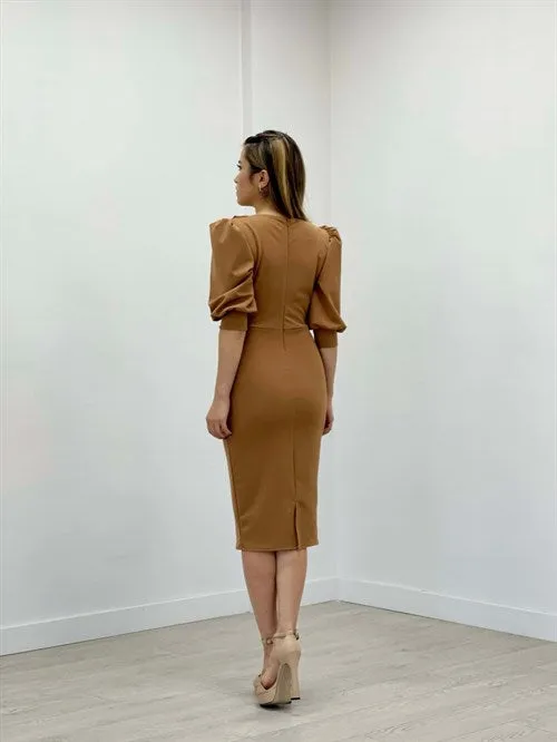 Crepe Fabric Degaje Collar Pen Dress - Camel