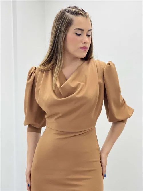 Crepe Fabric Degaje Collar Pen Dress - Camel