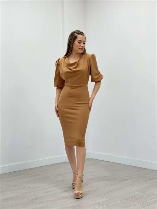 Crepe Fabric Degaje Collar Pen Dress - Camel