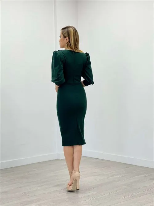 Crepe Fabric Degaje Collar Pen Dress - Emerald Green